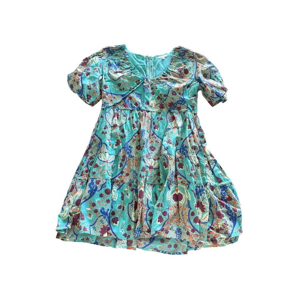 Anna Cate Boho Sloan Mini Dress Medium Blue Floral Paisley Print  100% Cotton